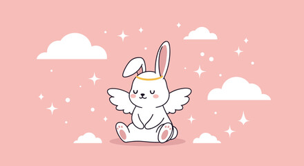 Cute illustration of an adorable white angel bunny with a golden halo and wings sitting peacefully against a soft pink sky with clouds and stars.