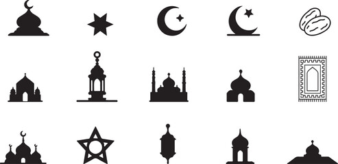Collection of Islamic symbols and architectural elements in black silhouette