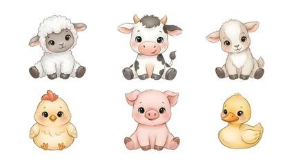 Six adorable watercolor baby farm animals including a lamb, calf, goat, chick, piglet, and duckling, sitting on a white background.