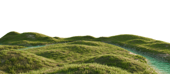 Serene river flowing through a lush green landscape. 3D render.	
