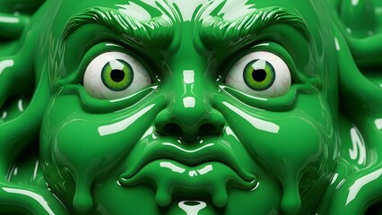 A grotesque, slimy green monster face with wide, staring eyes and a scowling expression, rendered in a glossy, viscous material.