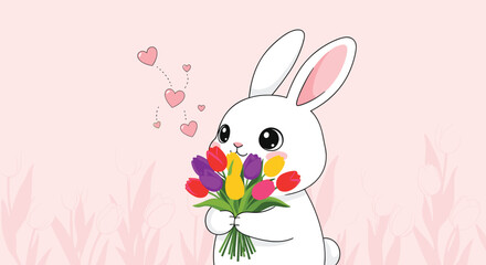 Sweet white cartoon bunny with big eyes holds a vibrant bouquet of colorful tulips with floating hearts against a soft pink floral background.