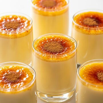 Colombian natilla dessert in individual cups with caramelized top on a white background