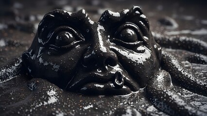 A grotesque, dark, and unsettling face emerges from murky, viscous mud, with tentacles or tendrils coiling around it.