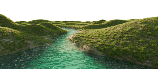 Serene river flowing through a lush green landscape. 3D render.	
