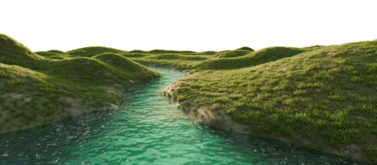 Serene river flowing through a lush green landscape. 3D render.	
