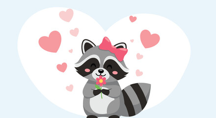 Obraz premium Sweet cartoon raccoon with a pink bow holds a flower while surrounded by floating hearts inside a large heart-shaped frame on a blue background.