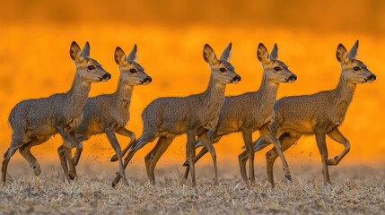 Obraz premium Playful fawns running across golden fields nature scene wildlife photography vibrant sunset colors