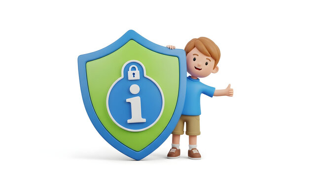 Boy stands behind a security shield with a lock icon. Suitable for cyber security concepts, data protection, internet safety education materials. - Powered by Adobe