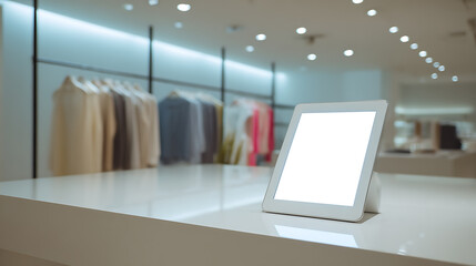 Contemporary clothing boutique interior featuring minimalist design, clean lines, and a tablet display on a sleek counter, enhancing the shopping experience.