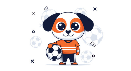 Cute cartoon puppy dog character wearing an orange sports jersey holds a soccer ball ready to play a game against a white background.