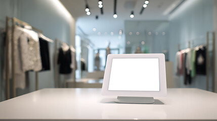 Modern retail setup with a sleek tablet display, enhancing shopping experiences.  A minimalist style blends seamlessly into a stylish store, promising a personalized service.