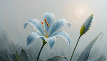 Serene Blue Lily Painting with Sunlit Petals and Dew Drops in Soft Misty Atmosphere