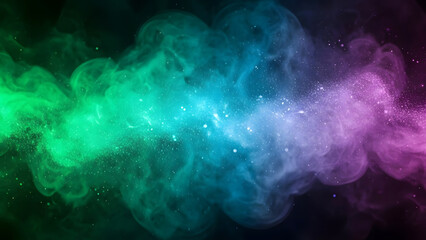 Obraz premium Vibrant abstract smoke cloud with gradient colors of green, blue, and purple against a dark background, featuring sparkling particles.