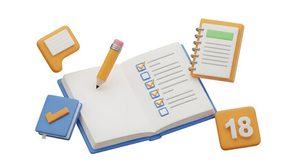 Pencil, book, notebook, and sticky notes ideal for stationary, office supplies, education, organization, productivity, school, and workplace themes.