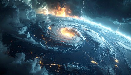 Abstract climate crisis visualization, powerful cyclonic storm forms overlaying a fractured earth surface, lightning-like energy lines, dark clouds, intense contrast, cinematic lighting, 