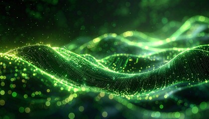 Abstract bio-energy visualization, organic flowing lines blending with digital circuits, green luminescent textures, future harmony between nature and technology, calm yet powerful atmosphere