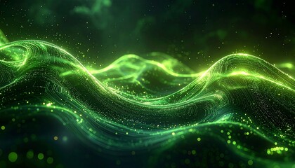 Abstract bio-energy visualization, organic flowing lines blending with digital circuits, green luminescent textures, future harmony between nature and technology, calm yet powerful atmosphere