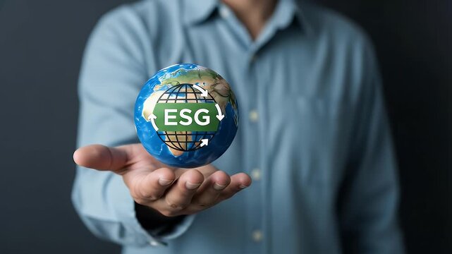 Man Holding Earth Globe with ESG Icons and Arrows Symbolizes Environmental Social Governance in Blue Shirt Against a Dark Gray Backdrop with Focus on Sustainability