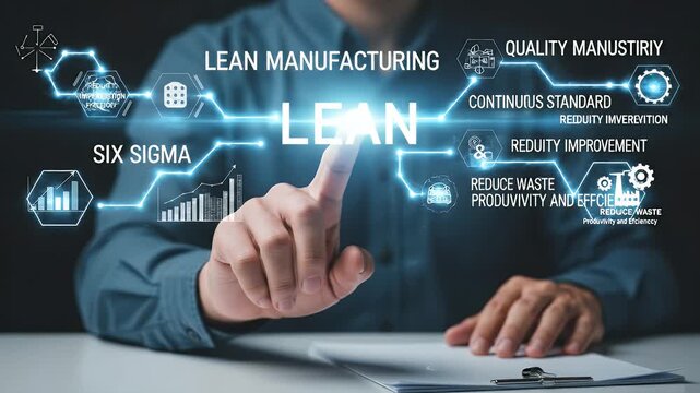 Man Pointing at Holographic Lean Display with Six Sigma Lean Manufacturing Quality Control White Table and Dark Background