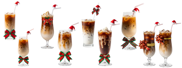 Festive Iced Coffee in Glass with Santa Hat and Gift Bow – Holiday Drink Concept