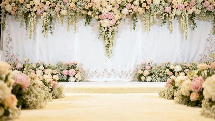 Luxurious floral wedding arch featuring pink and champagne rose blooms over a white fabric backdrop.