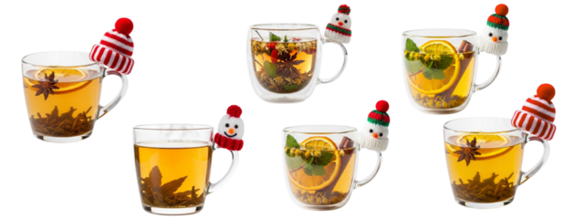Luxury herbal tea served in a transparent glass mug with a mini snowman hat resting on the handle, isolated on pristine white background. Festive winter theme.