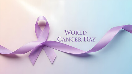Promoting global awareness and solidarity for World Cancer Day with a symbolic purple ribbon against a soft gradient background, representing hope and support for cancer prevention and treatment