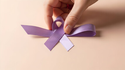A human hand gently presents a vibrant purple awareness ribbon symbolizing solidarity and support for various health causes and advocacy movements promoting global wellness and community strength