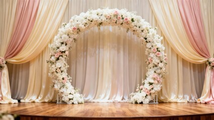 Ornate semicircular arch decorated with white hydrangeas and blush pink roses set against flowing cream and peach fabric drapes on a wooden stage.