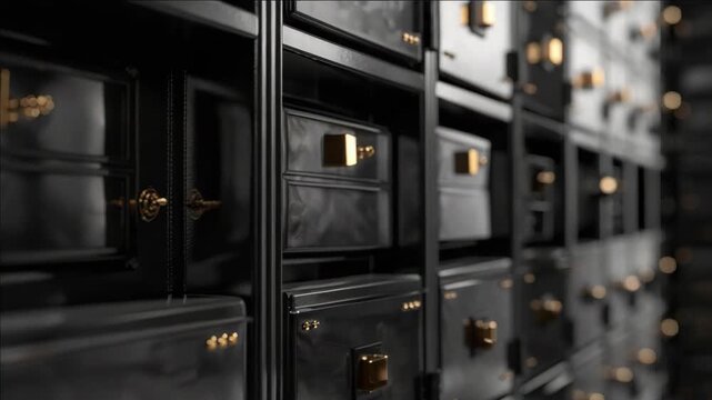 This features an intricately designed wooden cabinet illuminated by soft golden lights from above. The cabinet is adorned with gold knobs and handles that add to its luxurious aesthetic.