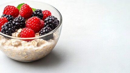 Fresh Oatmeal Bowl with Raspberries and Blackberries on Light Surface