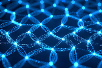 An abstract, conceptual image featuring an intricate, interconnected network glowing with bright blue light. It visualizes data flow, high-speed communication, and global connectivity. 