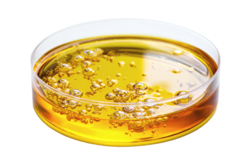 Golden liquid with bubbles in a petri dish for science research or chemistry experiment showcasing innovative technology and modern design