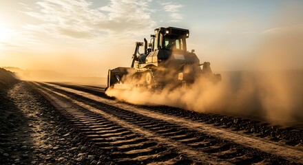 Bulldozer working at construction site in dusty environment during golden hour sunset time