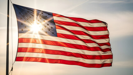 Vibrant American flag proudly waving against a clear sky with a brilliant sunburst effect symbolizing patriotism, freedom, and national identity