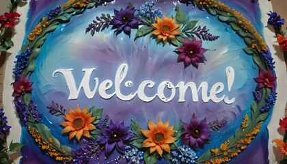 Vibrant welcome sign surrounded by artistic multicolor flowers and textured background