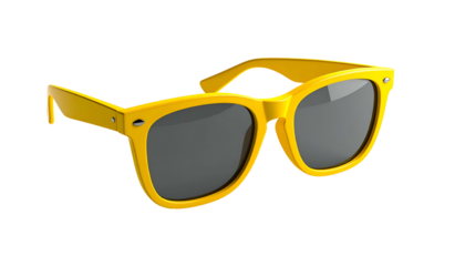 A 3D render of bright yellow square sunglasses with dark lenses. The eyewear is placed against a pure black background