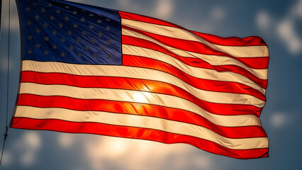 Obraz premium Vibrant American flag proudly waving against a bright blue sky with golden sunlight shining through the fabric, symbolizing national pride freedom and independence