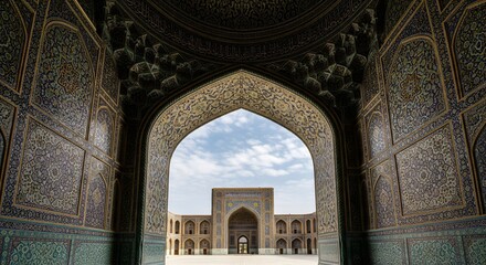 Intricate portal of madrasah in Samarkand Uzbekistan against beautiful blue sky with white clouds