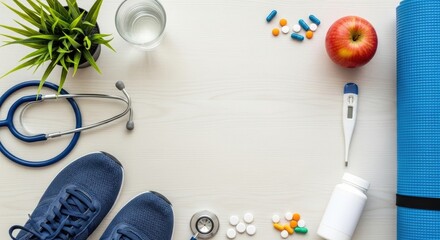 A blue yoga mat, a white bottle, a blue stethoscope, a glass of water, a green plant, and a red apple on a white wooden table.