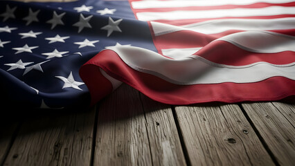 Elegantly draped American flag with its stars and stripes gently laid on a textured vintage wooden background, creating a powerful visual representation of national unity, honor, and patriotic