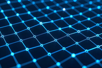A 3D render of an abstract network structure or grid, featuring glowing blue spheres (nodes) and illuminated connecting lines (edges). It visually represents concepts like big data, digital technology