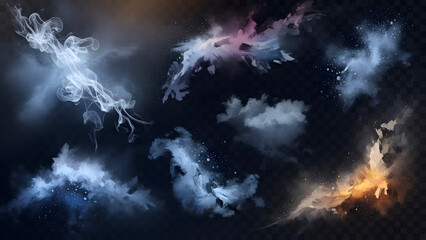 Abstract Ethereal Smoke and Cloud Elements Collection on Dark Background