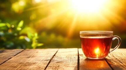 Warm Tea Cup on Wooden Table with Sunlight and Natural Background View
