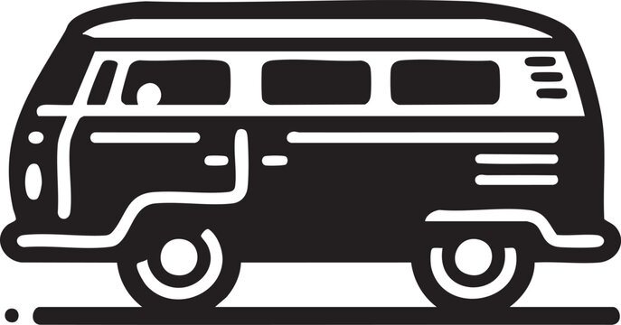Black and white illustration of a classic volkswagen type 2 buscampervan