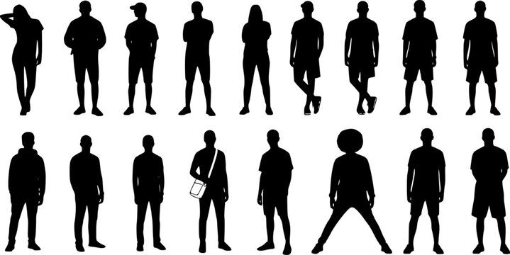 Vector silhouettes man and women, illustration. Silhouettes of young people posing in casual clothes. Transparent background EPS version.