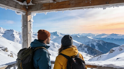 Realistic Couple with Backpacks Enjoying Winter Mountain View &mdash; Adventure Travel Photo with Space for Text