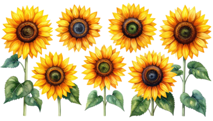 A vibrant watercolor illustration showcases seven sunflowers, arranged in two rows, against a transparent background. Each flower exhibits detailed petals