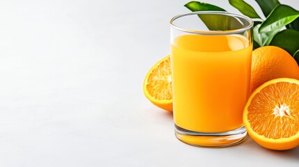 Fresh Orange Juice in Glass with Halved Oranges and Green Leaves on White Background